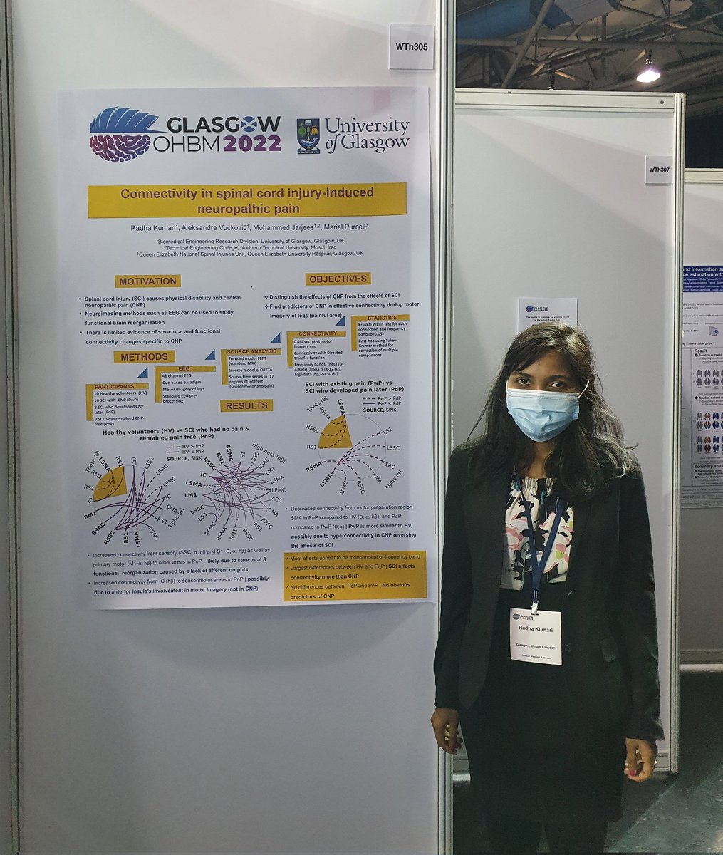 <a href="/breezyRadha/">Radha Kumari</a>'s poster is all set up at #OHBM2022! Check out WTh305 for brain connectivity in SCI-induced neuropathic pain