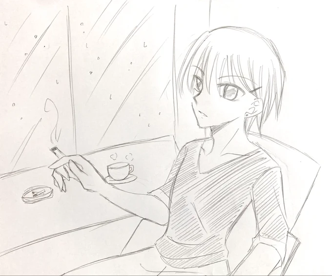 チャレンジも兼ねて雰囲気だけ描かせて頂きました🎵  右手の位置が机からズレてるのと、足がほぼ描けてない😇  背景は全然です(°▽°)🌋 (☔️横殴りに窓に水飛沫をイメージ)