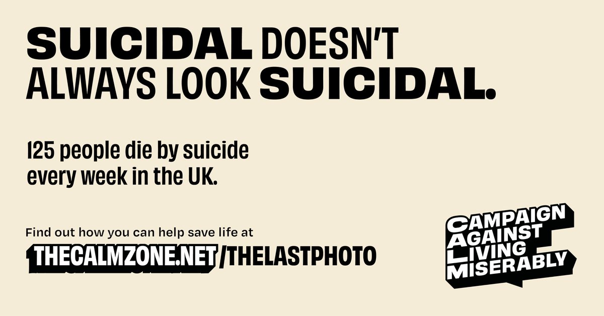 theCALMzone's tweet image. Suicidal doesn’t always look suicidal.

125 people die by suicide every week in the UK.

Find out how you can help save a life ➡️ bit.ly/3mOC1ot #UnitedAgainstSuicide