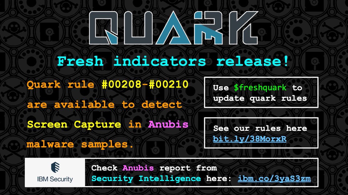 🎉 New quark rules 00208 - 00210 are available to detect screen capture in #Anubis.

💡 Use $freshquark to update rules!
💡 Check our rules: bit.ly/38MorxR
💡 See #SecurityIntelligence report: ibm.co/3yaS3zm

#IBMSecurity #MobileSecurity #AndroidSecurity