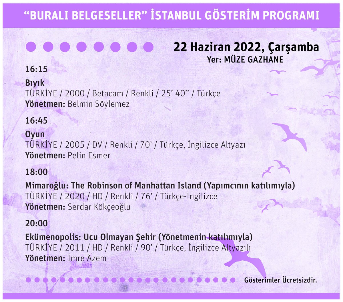 IstanbulCinema's tweet photo. Bugün İstanbul'da gerçekleşecek gösterim ve etkinliklerimizin son günü. Sırada Alanya var! 

İşte @MuzeGazhane 'de gerçekleşecek sürprizlerle dolu programımız: https://t.co/aYT6606Poo