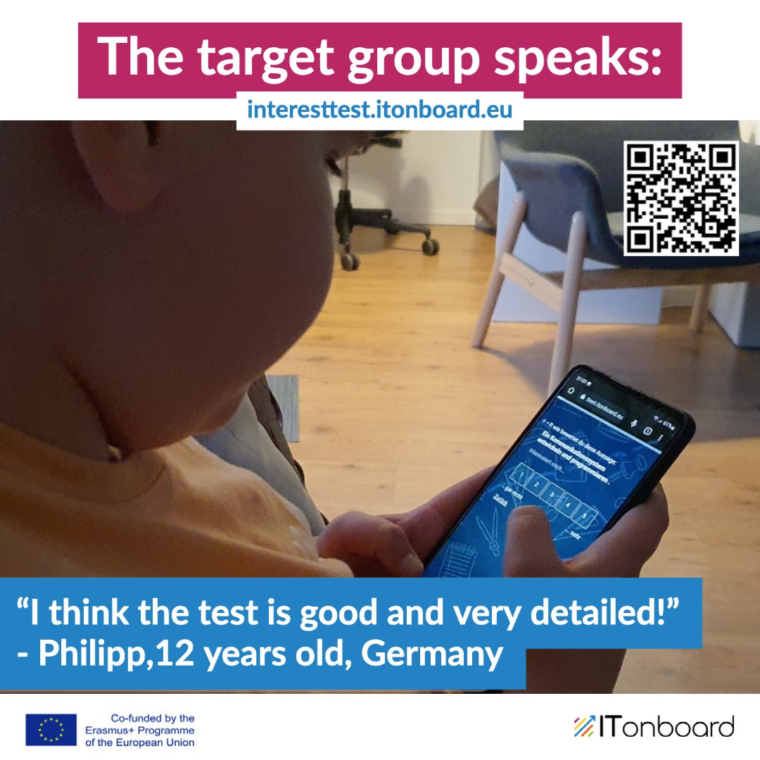 itonboard's tweet image. The target group speaks: 
"I think the test is good and very detailed!"

interesttest.itonboard.eu

#interesttest #itonboard #erasmusplus