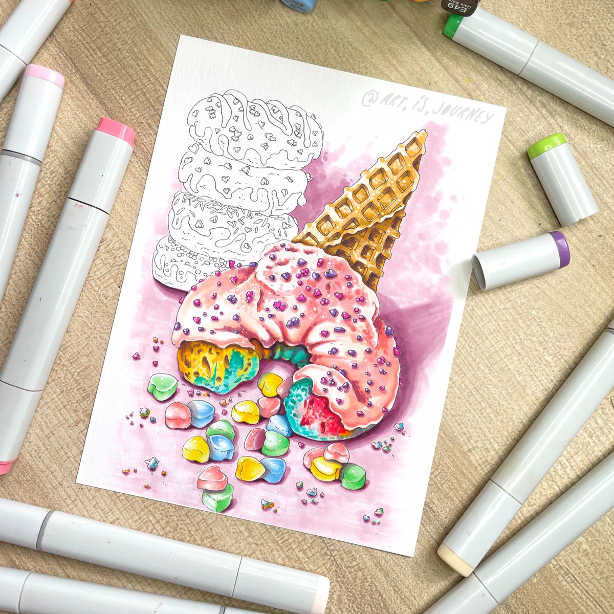 art_is_journey's tweet image. I can&apos;t believe the donut is about to lose to dragon fruit for tomorrow&apos;s tutorial🍩 Vote if you haven&apos;t done it yet👇 #copictutorial #markertutorial #drawingtutorial #markersketch