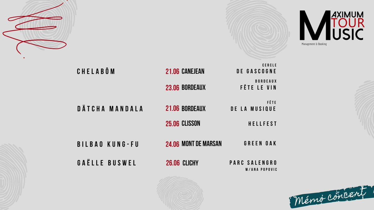 Maximum Tour Music (@maximum_tour) on Twitter photo Pour bien commencer l'été 👇
#chelabom
<a href="/Datcha_Mandala/">Datcha Mandala</a>
<a href="/BilbaoFu/">Bilbao Kung-Fu</a>
<a href="/GaelleBuswel/">Gaelle Buswel</a>
#concert #été #festival #hellfest Pour bien commencer l'été 👇
#chelabom
<a href="/Datcha_Mandala/">Datcha Mandala</a>
<a href="/BilbaoFu/">Bilbao Kung-Fu</a>
<a href="/GaelleBuswel/">Gaelle Buswel</a>
#concert #été #festival #hellfest