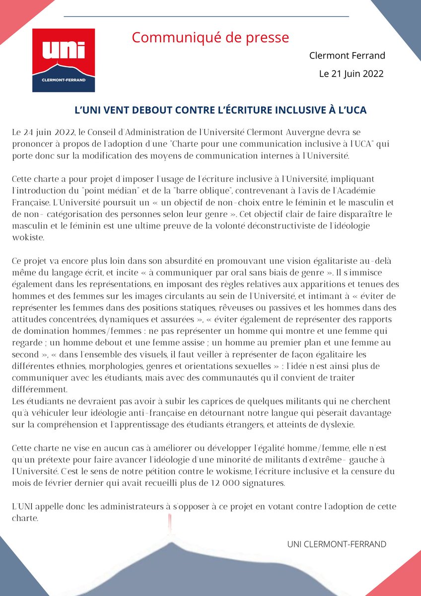 UniClermont's tweet photo. Notre réaction à la volonté de l'Université Clermont Auvergne d'imposer l'écriture inclusive. Nous voterons contre cette charte, et demandons aux autres administrateurs de faire de même ! https://t.co/aUliP7NGDa