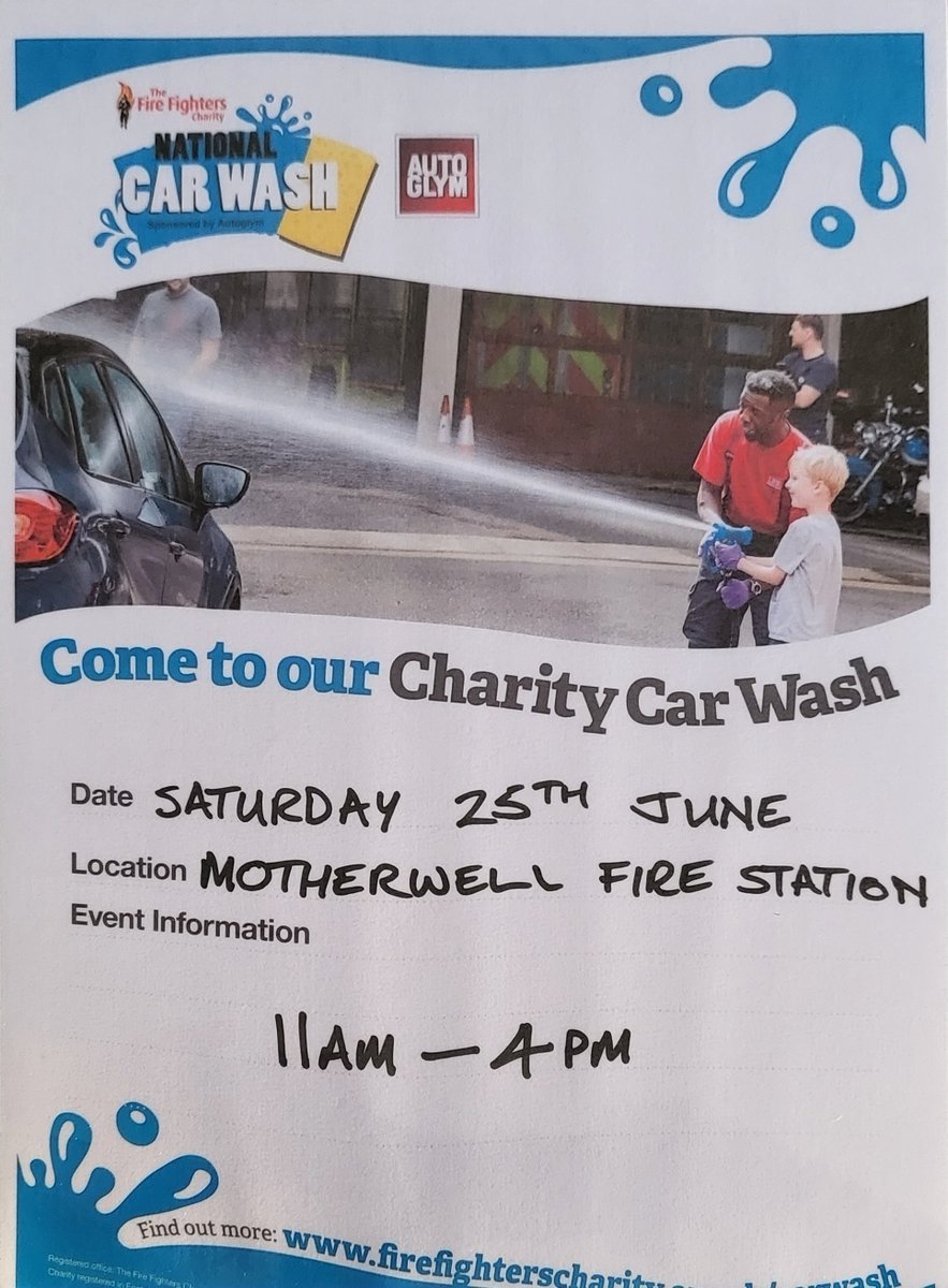 Want your car looking sparkly clean while you help a good cause? 
Come to Motherwell fire station charity car wash on Sat 25th 11am-4pm. Car wash by donation, with all proceeds going to <a href="/firefighters999/">Fire Fighters Charity</a> who offer specialist support to members of UK fire services. 
🚕🫧🚒🙂