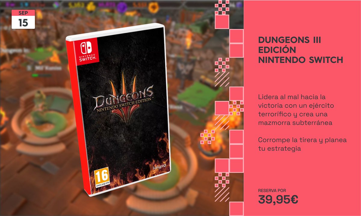 xtralife_es's tweet photo. Lidera al mal hacia la victoria con un ejército terrorífico y crea una mazmorra subterránea con #DungeonsIII Edición #NintendoSwitch🔥
Corrompe la tierra y planea tu estrategia reservándolo por 39,95 €👿
https://t.co/Ed8IwkS0gT https://t.co/GuCz944pph