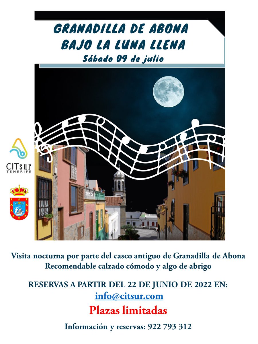 RUTA GRANADILLA DE ABONA BAJO LA LUNA LLENA: SÁBADO 9 DE JULIO
(Recorrido por casco histórico y observación de luna llena con telescopio)
Plazas limitadas. 
Reservas a info@citsur.com
+ Info: 922 79 33 12