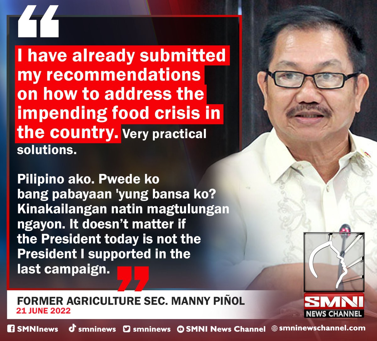 smninews's tweet photo. Former DA Sec. Manny Piñol as Food Security Adviser of incoming NSA Clarita Carlos https://t.co/r7Li7wxVWn
