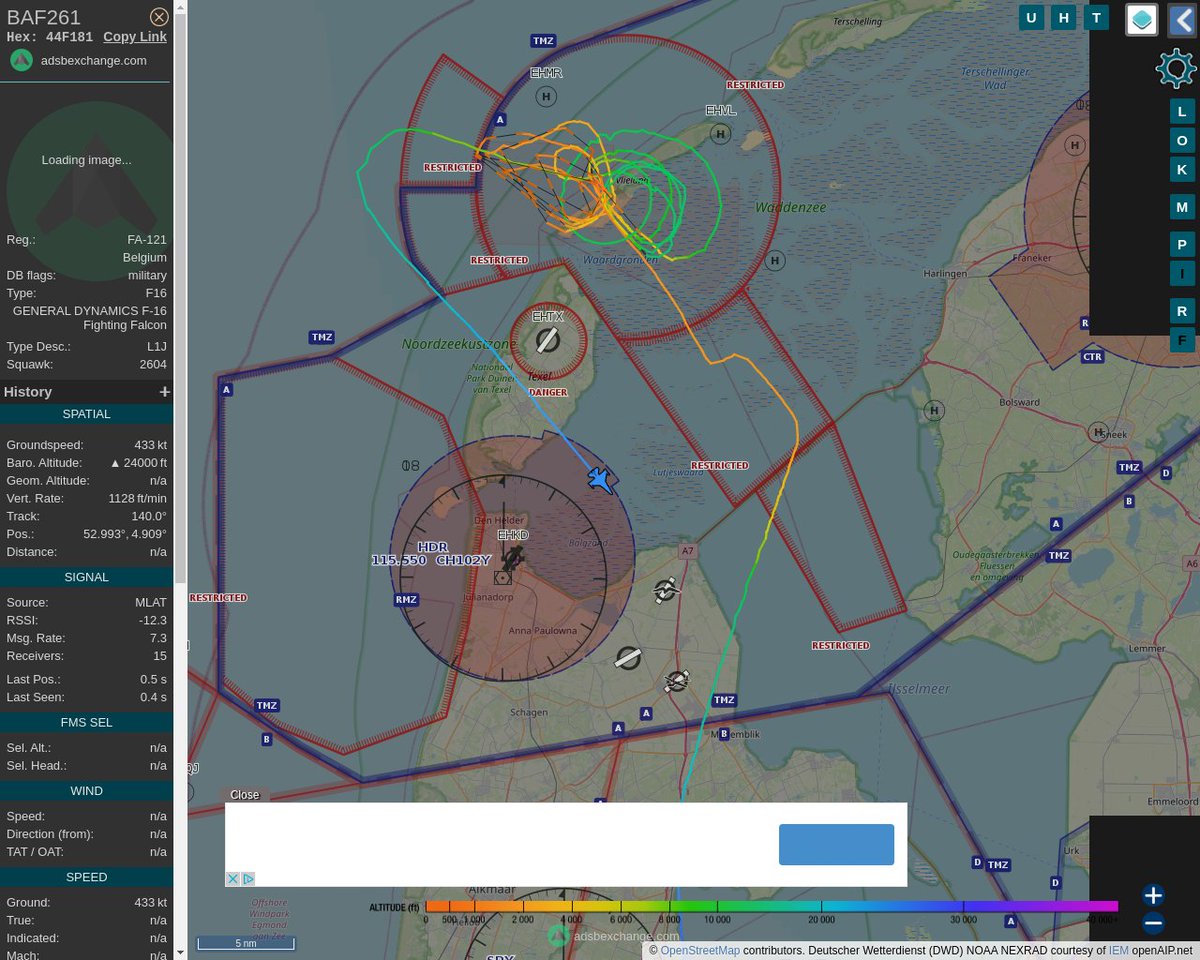 Radar_Assistant's tweet image. MULTI ADSBX CIRCLING ALERT : At time Wed Jun 22 09:37:46 2022 #BAF261   was likely to be circling at FL111 19nm from HDR Den_Helder_VOR-DME_NL
 near Vlieland, Fryslân, Nederland #AvGeek #ADSB globe.adsbexchange.com/?icao=44F181&amp;amp;z…
