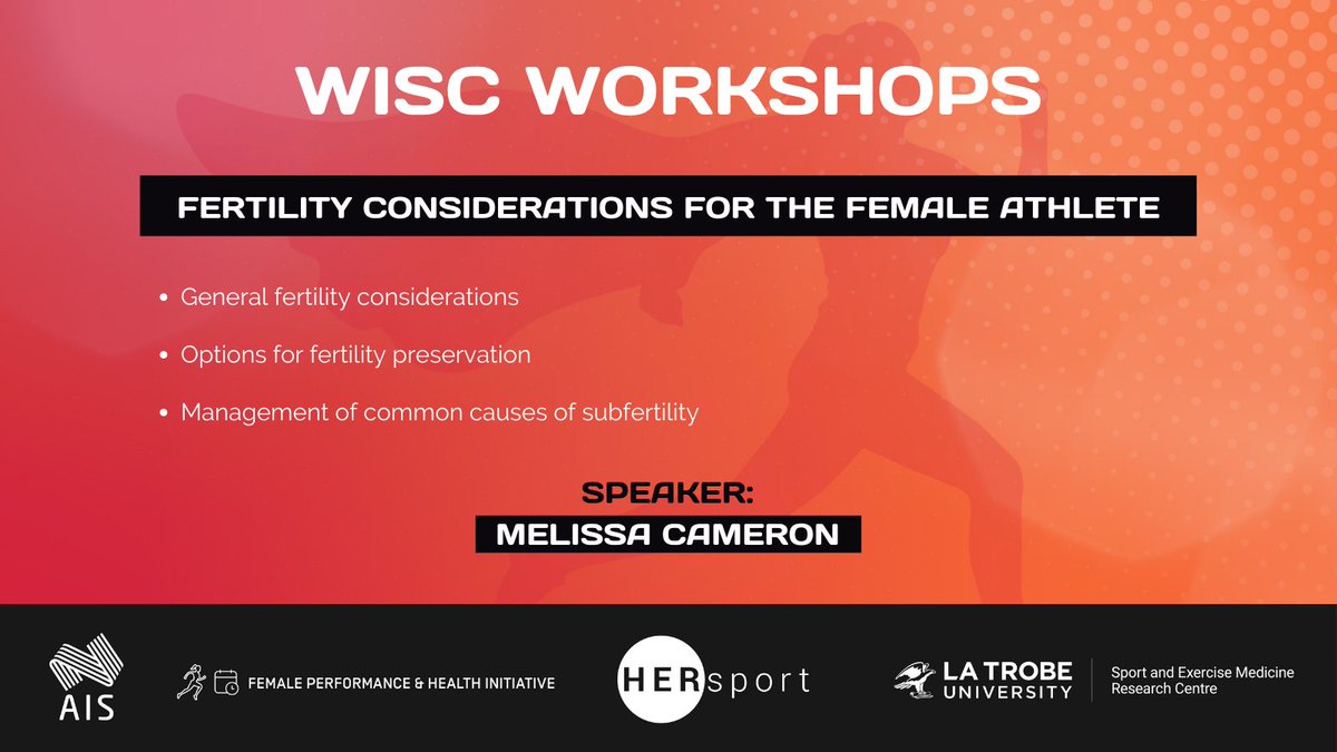 📢 WORKSHOP ANNOUNCEMENT THREAD

Dr Melissa Cameron to present the "Fertility Considerations for the Female Athlete" workshop on DAY 4 of #WISC22 

REGISTER NOW! ✍️ womeninsportcongress.org.au