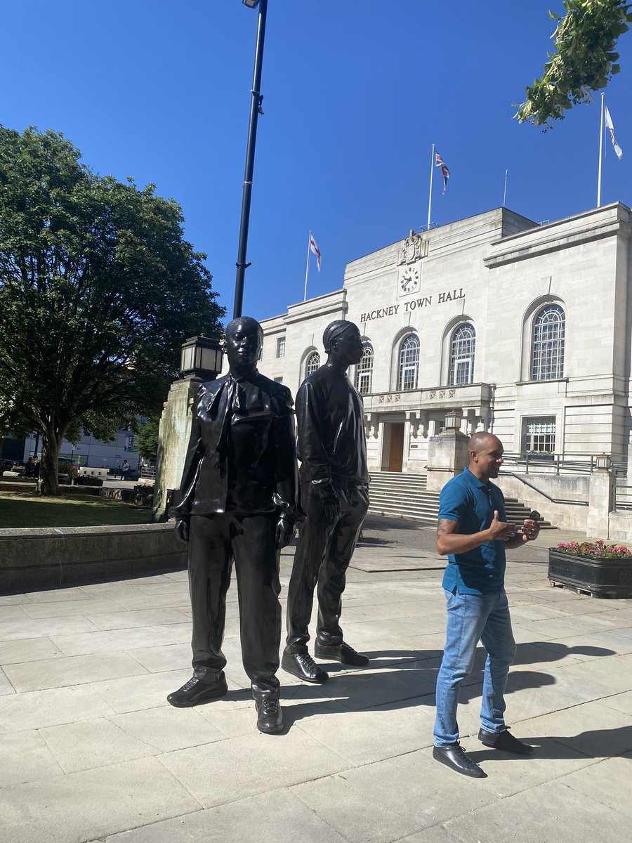 PollyCziok's tweet image. Lots of tears (good ones) at the launch of our @hackneycouncil Windrush artwork - Warm Shores by Thomas J Price.  Digital images of 30 Hackney residents went into the making of these 9ft bronze figures. Beautiful words from @carolewilliams and from the artist. #WindrushDay2022