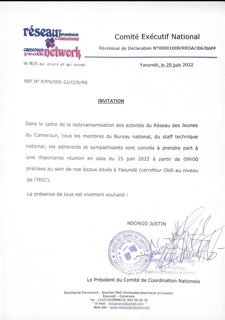 Le Président du Comité Exécutif national du <a href="/rjc_cameroun/">RJC-CYN🇨🇲 Réseau des jeunes du Cameroun</a> convoque une importante réunion dans une logique de  redynamisation.