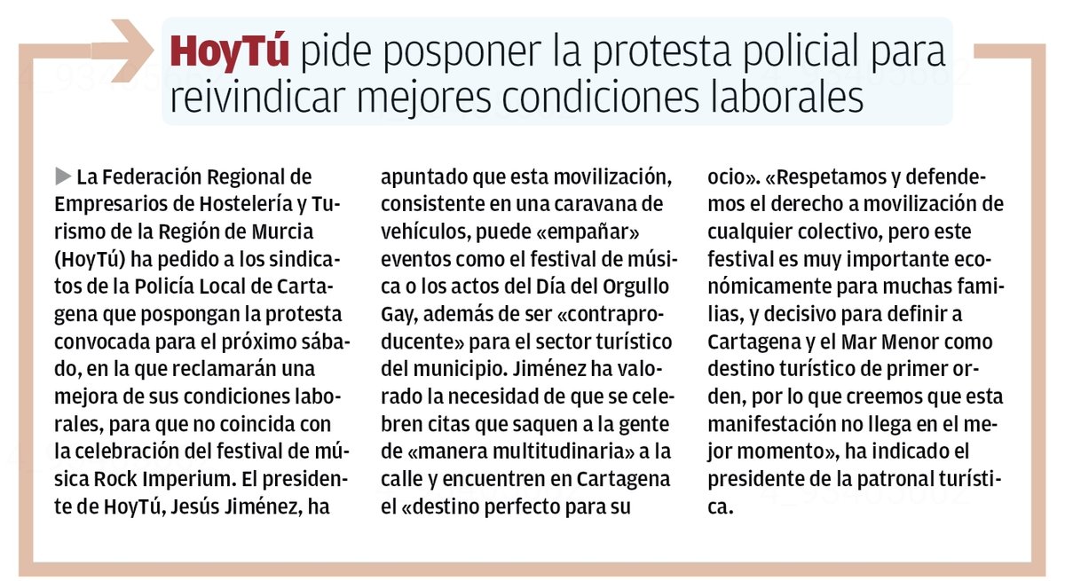 "Respetamos y defendemos el derecho a movilización, pero este festival es muy importante económicamente para muchas familias, y decisivo para definir a #Cartagena y #MarMenor como destino turístico de primer orden" <a href="/Jesus_Avellaned/">Jesus Jimenez</a> <a href="/HOYTU_/">HOYTÚ</a> en <a href="/diariolaopinion/">La Opinión de Murcia</a>👇
