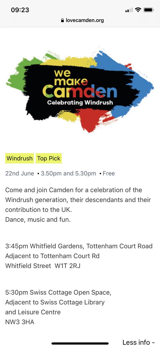 Today is #WindrushDay2022.

Join celebrations at 3.45 Whitfield Gardens &amp; 5.30 at Swiss Cottage Open space.

Today we celebrate &amp; thank the generation who came to rebuild Britain &amp; contributed so much. 

And keep calling for justice for those badly let down by our govt.