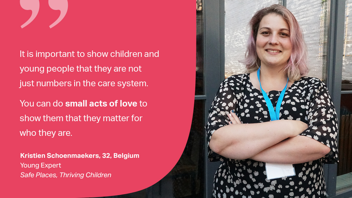 Involving young people with care experience in shaping alternative care systems is paramount. #ListenToUs

“I may not be an expert in child care, but I am an expert in my own story. I discovered that it is good enough to tell &amp; people can learn from it”,” says Kristien from 🇧🇪.