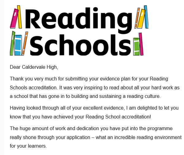 cvale_reads's tweet photo. We are delighted to announce that Caldervale HS has been awarded the @scottishbktrust's Reading School Accreditation. Thanks to all staff and pupils who have supported us so far. There will be lots more to look forward to in the new session as we continue on our reading journey! https://t.co/7N5zHFauI0
