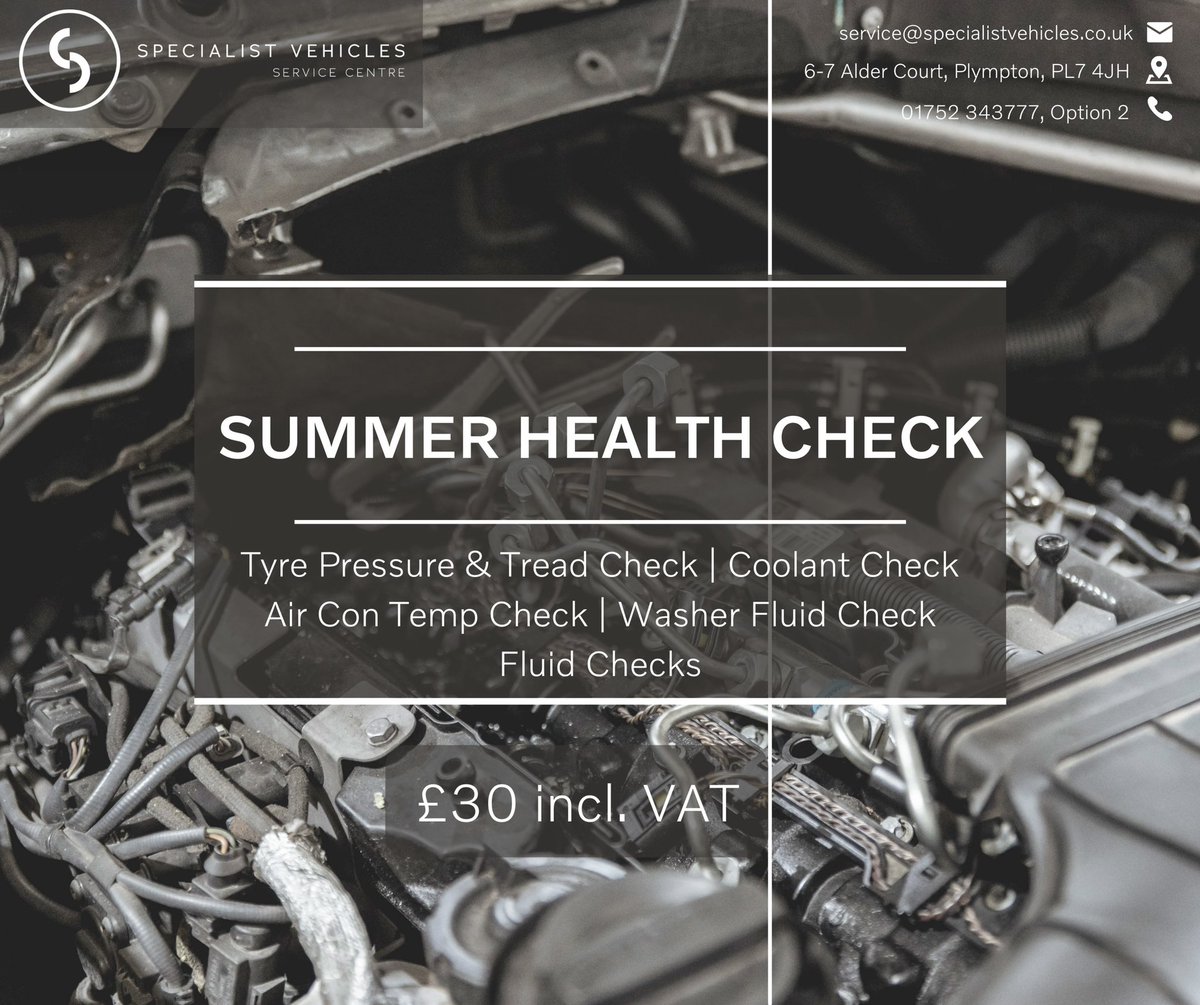 Prep your car for the incoming weather with a Summer Health Check here at Specialist Vehicles

Health Check Includes; Tyre Pressure and Tread Check, Coolant Check, Air Con Temp Check, Washer Fluid Check &amp; Other Fluid Checks. 

01752 343646 for booking and more info