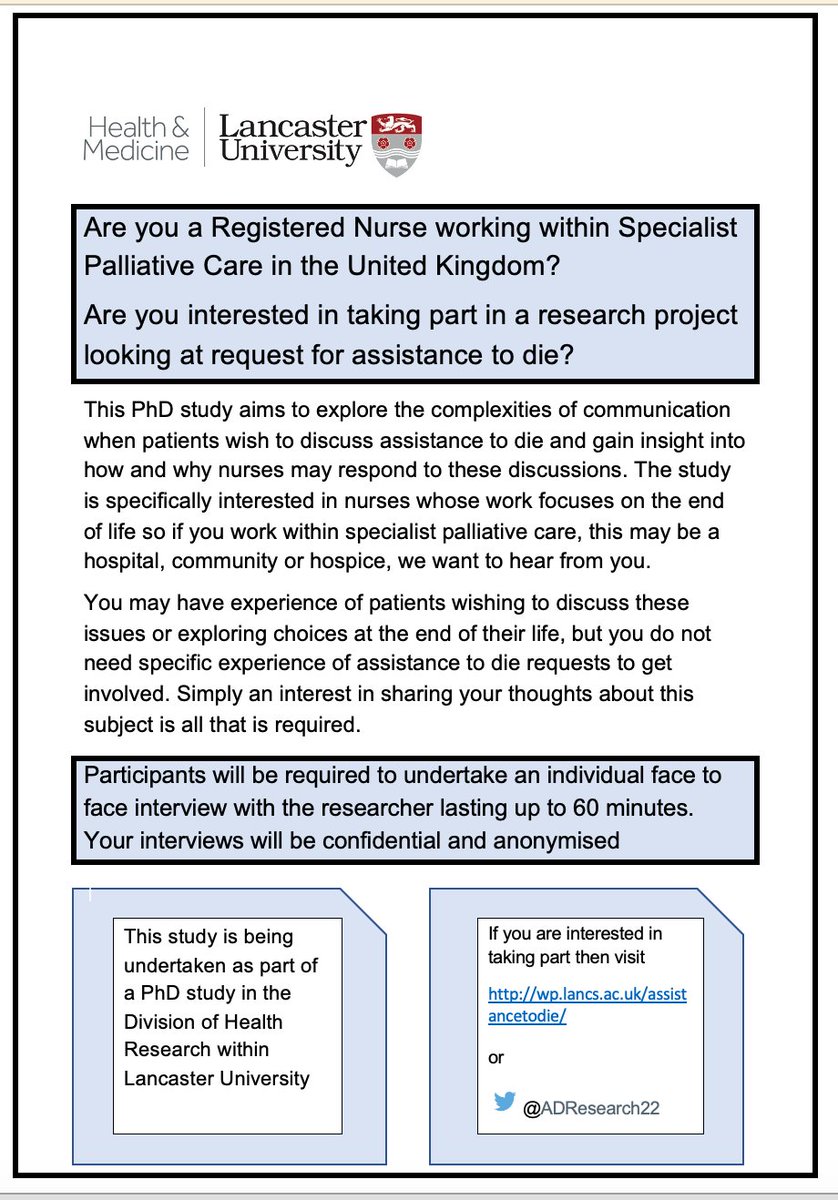 Are you a #nurse working in #PalliativeCare please consider taking part in this study about requests to hasten death. You do not need experience of these conversations just an interest in helping and being part of developing the #Research in this area. <a href="/IOELC/">IOELC</a> <a href="/NancyPreston16/">Nancy Preston</a>