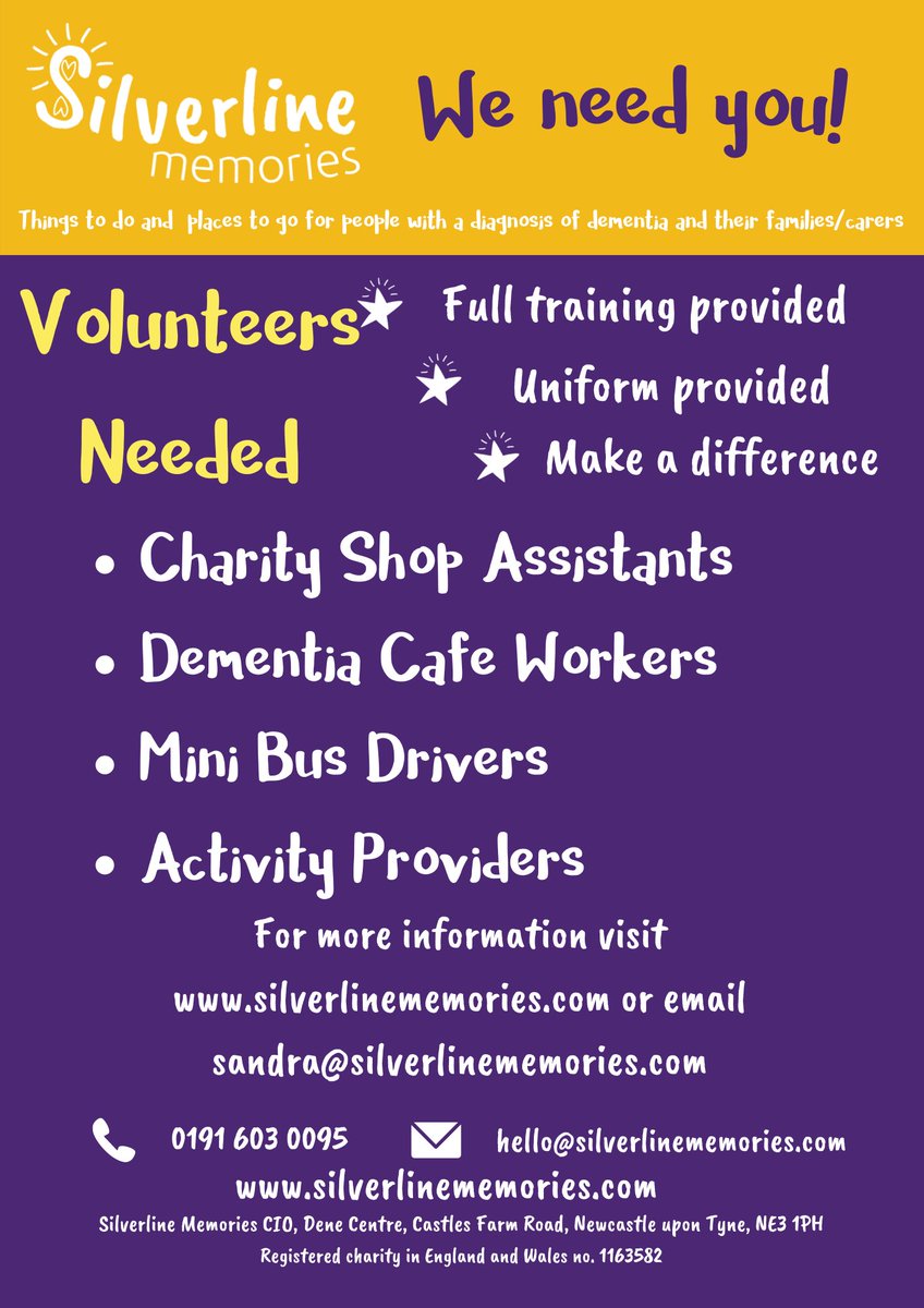 silverlineNE's tweet photo. Join our amazing team of volunteers. Multiple role available due to the upcoming opening of our Dementia Centre &amp; Charity Shop at Kenton Retail.

Email hello@silverlinememories.com for an application pack.
#smallcharityweek https://t.co/YSomiUjeaW