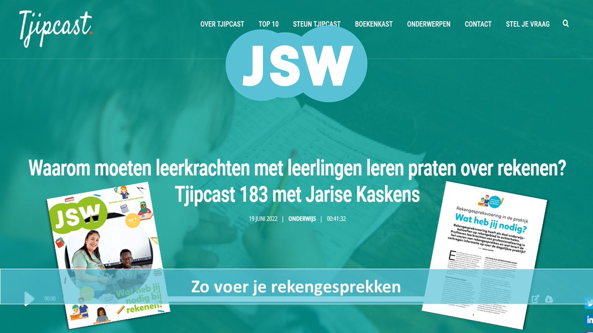 In de nieuwe Tjipcast (@Tjip) vertelt Jarise Kaskens (@JKaskens) over rekengespreksvoering. 

Beluister de podcast en lees haar artikel over rekengesprekken in JSW gratis. 👇 #rekengesprekken #rekenen

🌐 Tjipcast met Jarise Kaskens: tjipcast.nl/onderwijs/waar…
