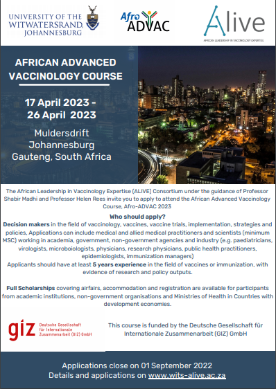 iuis_online's tweet photo. The African Leadership in Vaccinology Expertise (ALIVE) Consortium and @Wits_News invite you to apply to attend the African Advanced Vaccinology
Course, Afro-ADVAC 2023. See details below.
@FAISAfrica @SAImmunology @imm_gh @ism_malawi
🔗https://t.co/xNagYFsQry https://t.co/m0BsurIyqB
