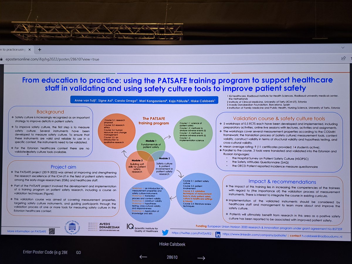 PATSAFE2's tweet photo. This week we are presenting the PATSAFE project at the @QualityForum! There are 3 PATSAFE posters displayed. #Quality2022 
 @Inst_Donabedian 
@unitartu 
@IQhealthcare 
@hvall9 @HCalsbeek @KajaPolluste https://t.co/e8lXUculvR