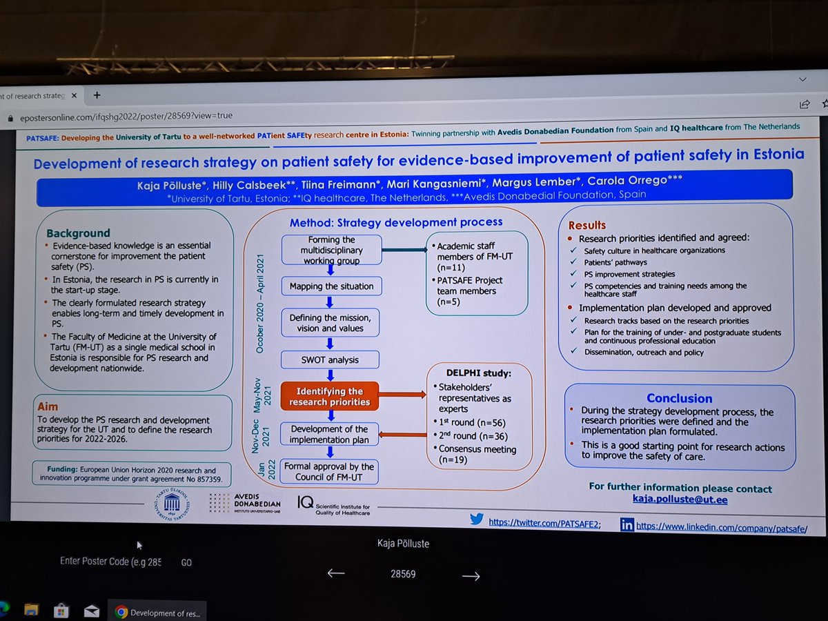 PATSAFE2's tweet photo. This week we are presenting the PATSAFE project at the @QualityForum! There are 3 PATSAFE posters displayed. #Quality2022 
 @Inst_Donabedian 
@unitartu 
@IQhealthcare 
@hvall9 @HCalsbeek @KajaPolluste https://t.co/e8lXUculvR