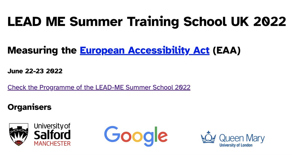 LEAD-ME CA19142 (@cost_ca19142) on Twitter photo 📢#LEADMELondon2022: Measuring the #European #Accessibility Act (#EAA) starts today at <a href="/Google/">Google</a> headquarters in #London.
👏Jointly organised by the #LEADMECostAction, <a href="/googleaccess/">Google Accessibility</a>, <a href="/QMUL/">Queen Mary University of London</a> and <a href="/SalfordUni/">University of Salford</a>.
More info👇
lead-me-cost.eu/events/ss2022/ 📢#LEADMELondon2022: Measuring the #European #Accessibility Act (#EAA) starts today at <a href="/Google/">Google</a> headquarters in #London.
👏Jointly organised by the #LEADMECostAction, <a href="/googleaccess/">Google Accessibility</a>, <a href="/QMUL/">Queen Mary University of London</a> and <a href="/SalfordUni/">University of Salford</a>.
More info👇
lead-me-cost.eu/events/ss2022/