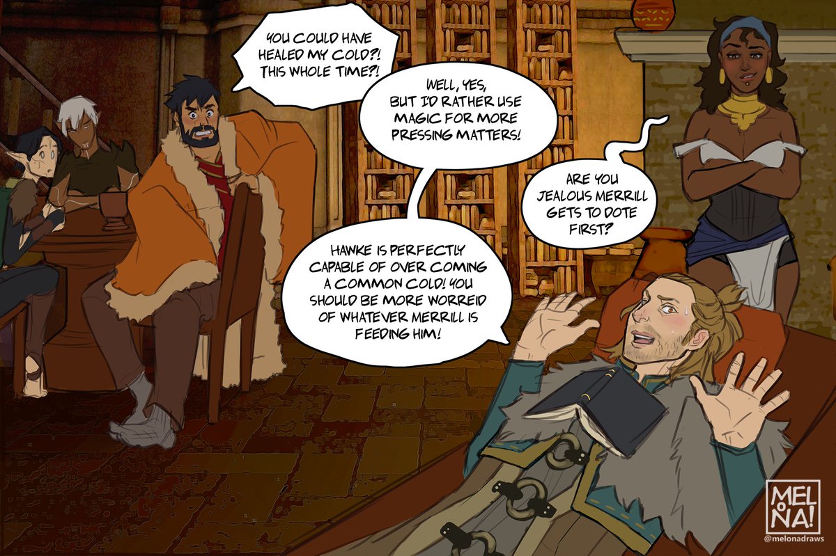 MelonaDraws's tweet photo. Just some cute banter!

The original joke was like "wait Anders isn't a doctor?!" but then I realized there's probably no doctors in Thedas anyways... 🤔 https://t.co/sfcM2nNE5r