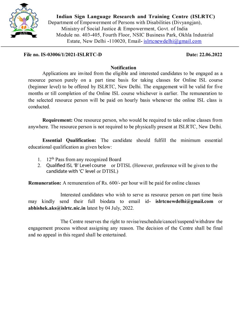 Notification for Engagement of Resource Person Purely on Part-Time Basis