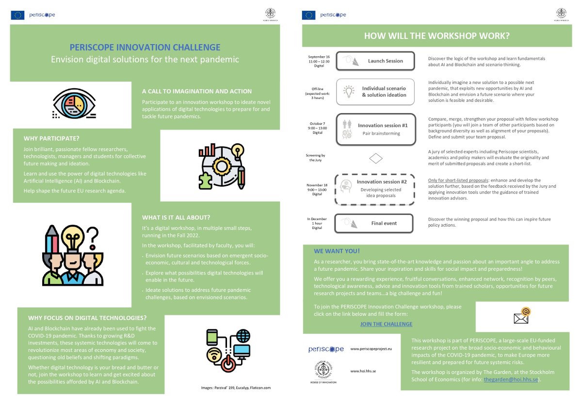 🎉 PERISCOPE is glad to announce the organisation of a workshop, with the support of the Stockholm School of Economics (SSE), specifically targeted to identify  next best practices to address a future pandemic. 

📝Register at: forms.office.com/r/S4AHnKJzAn
