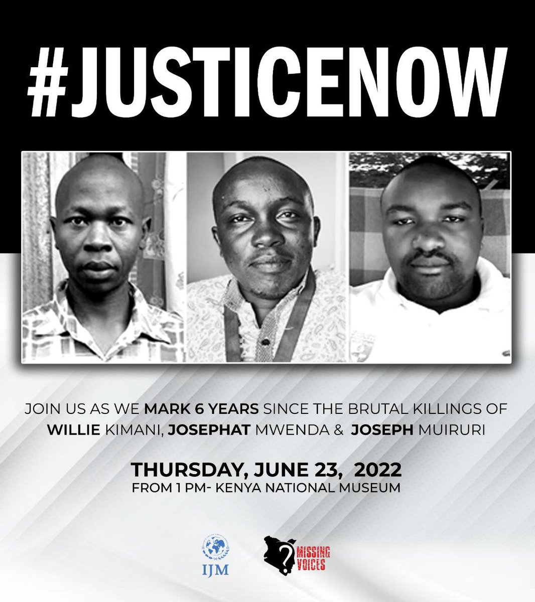Six years ago our staff member Willie Kimani, our client Josephat Mwenda and trusted driver Joseph Muiruri were abducted while leaving a court hearing at Mavoko law courts. Their tortured bodies were later found at a river in Oldonyo Sabuk one week later. #JusticeNow