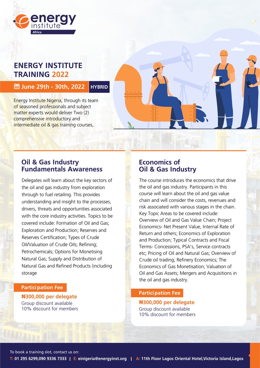 einigeria's tweet photo. Be a part of @EnergyInstitute Oil &amp; Gas Hybrid Training in Lagos, as limited seats are available!

Participation Fee: ₦300,000
Group Discount available.

For enquiries:
einigeria@energyinst.org
09093367333
Click https://t.co/eJJtKR6tCh to register. https://t.co/379ZTvAsGs