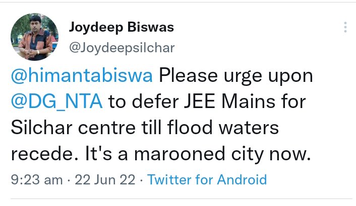 SushmitaDev25's tweet photo. This is an urgent issue.
Please @DG_NTA must defer JEE Mains for Silchar, Assam centre in the interest of the students. We are in neck deep water. #AssamFloods
@himantabiswa @PMOIndia @Joydeepsilchar https://t.co/7qq8Z5SmLk