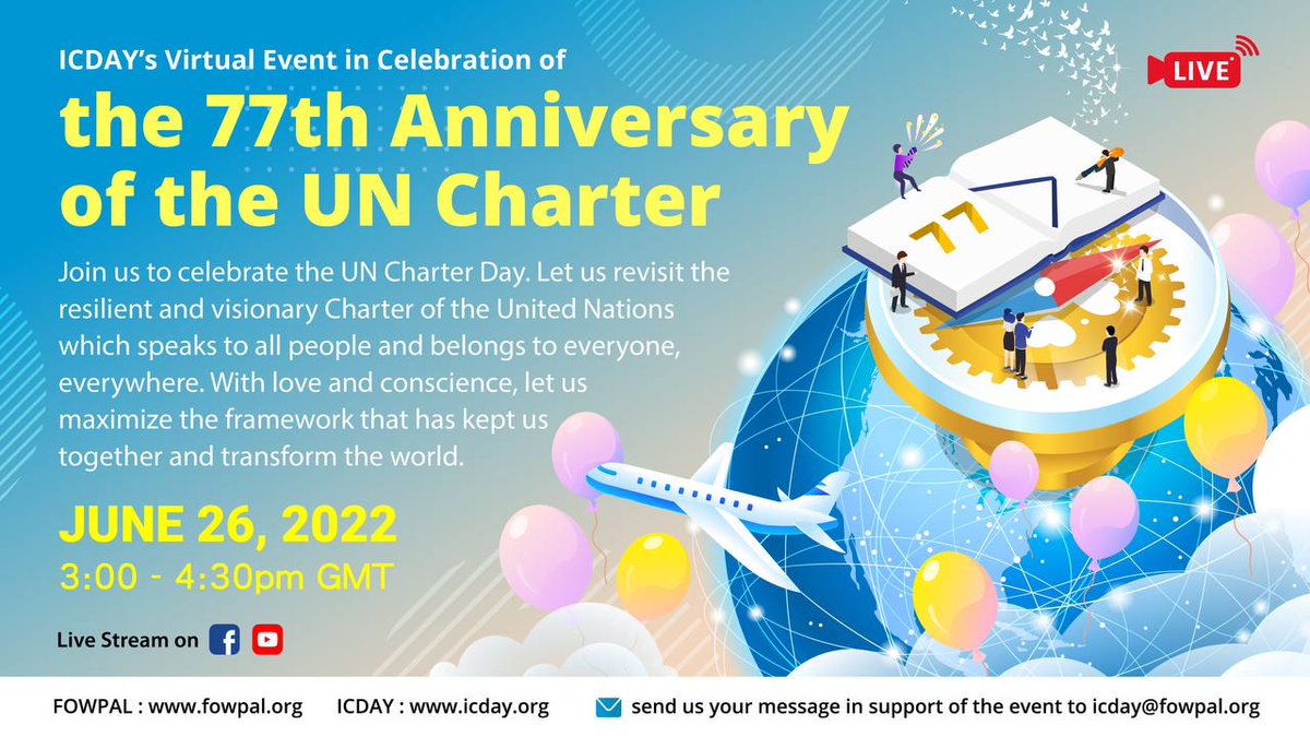 icday2020's tweet photo. Join us to celebrate the 77th Anniversary of the UN Charter on June 25, 2022. Let us revisit the resilient and visionary Charter of the United Nations, which speaks to all people and belongs to everyone, everywhere.

https://t.co/m3I4j26EOf https://t.co/yk9QeNp54L