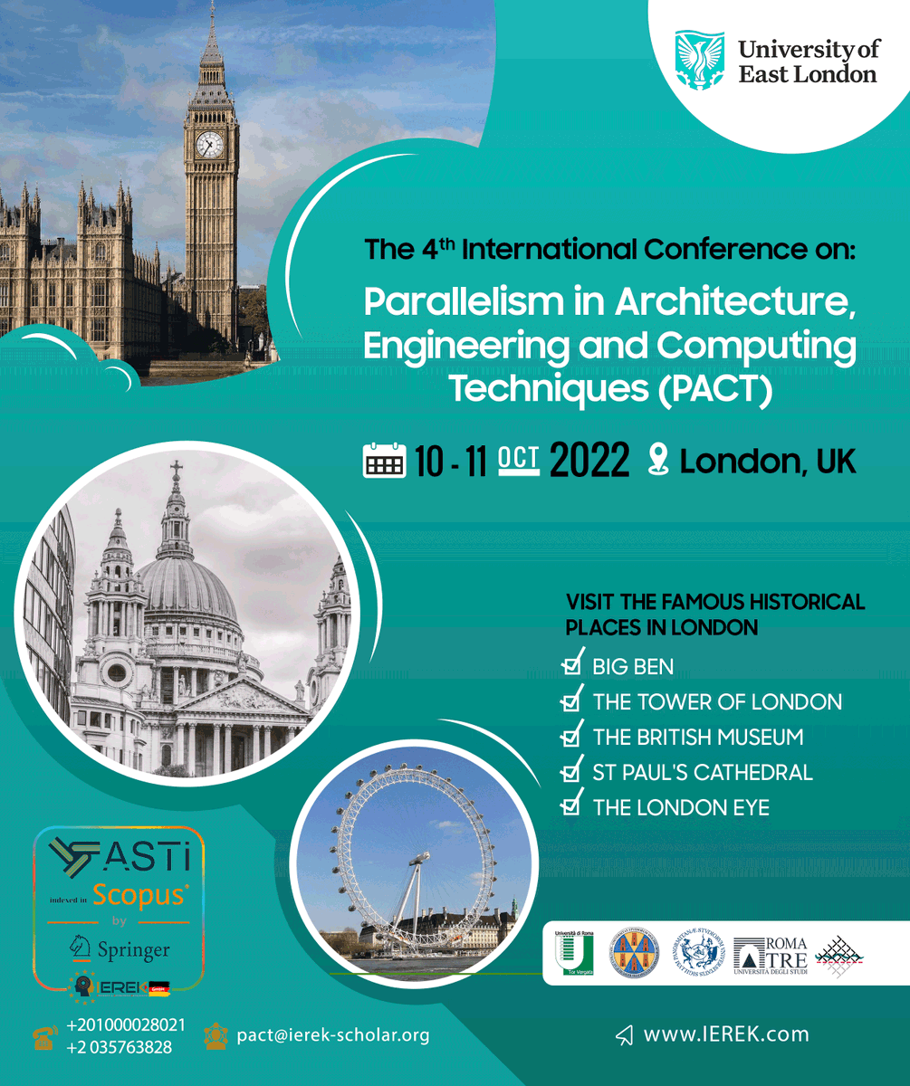 PConference2022's tweet image. Parallelism in Architecture, Engineering &amp;amp; Computing Techniques (PACT) will be held hybrid in November, in collaboration with the University of East London (UEL).
Hurry up and submit your abstract 30 June, and don&apos;t miss the chance to visit London!
Reg: bit.ly/PACT2022