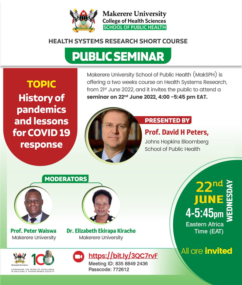Makerere University School of Public Health (@maksph) on Twitter photo Join Prof. David Peters of <a href="/JohnsHopkinsSPH/">Johns Hopkins Bloomberg School of Public Health</a> as he discusses the History of Pandemics and lessons for #COVID19 response. Moderated by <a href="/Makerere/">Makerere University</a>'s Prof. <a href="/waiswap/">Peter Waiswa</a> & Dr. <a href="/LizEkirapa/">Elizabeth Ekirapa-Kiracho</a>.
bit.ly/3QC7rvF | Meeting ID: 83588492436 | Passcode: 772612 #MakerereAt100
๐ฅ<a href="/NansinguzaJ/">Nansinguza Jacob</a> Join Prof. David Peters of <a href="/JohnsHopkinsSPH/">Johns Hopkins Bloomberg School of Public Health</a> as he discusses the History of Pandemics and lessons for #COVID19 response. Moderated by <a href="/Makerere/">Makerere University</a>'s Prof. <a href="/waiswap/">Peter Waiswa</a> & Dr. <a href="/LizEkirapa/">Elizabeth Ekirapa-Kiracho</a>.
bit.ly/3QC7rvF | Meeting ID: 83588492436 | Passcode: 772612 #MakerereAt100
๐ฅ<a href="/NansinguzaJ/">Nansinguza Jacob</a>