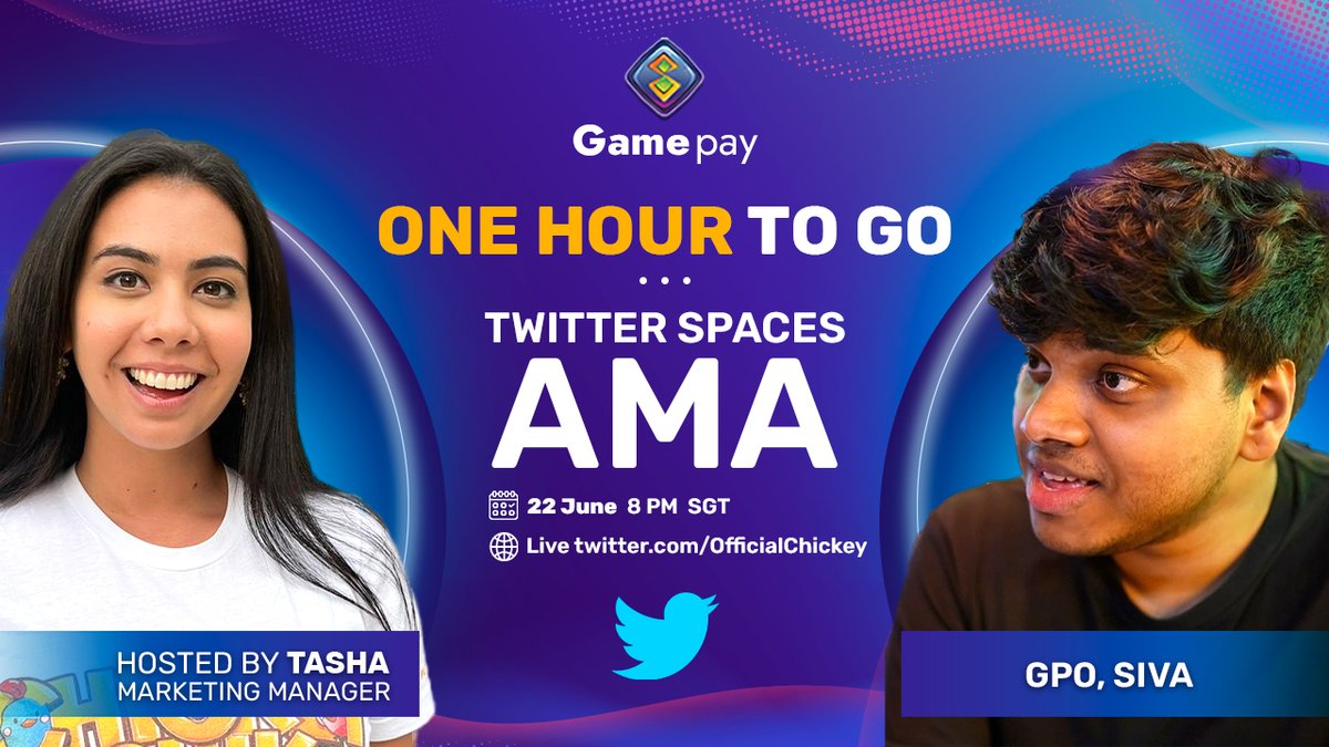 Gamepayofficial's tweet photo. 💪 1 Hour to go for #AMA session with Gamepay’s GPO @SivaGP01  and host @tashaannelopez  
🕒 22nd June @ 8 PM SGT
🌐 https://t.co/KLxo3RMBfh

🚀 Tweet your questions related to our Gameplay with #GamepayAMA and tag us.

#AMA #NFT #NFTCommunity #NftGame #P2E  #Gamepay #ChickeyChik https://t.co/J89Ge48v6e
