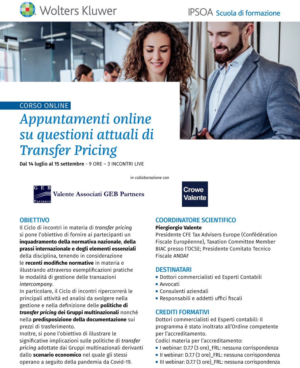 Valentepg's tweet photo. 1° #Webinar sul #TransferPricing 14.07.2022
La disciplina sui prezzi di trasferimento: profili generali e novità 2022 con @Valentepg #FedericoVincenti
Iscriviti!https://t.co/ltj1j7YCkA
@FormazioneIPSOA @Wolters_Kluwer @ANDAF_CFO
#cndcec @lawonetax #valenteassociatigebpartners https://t.co/MDhZr1KKaW