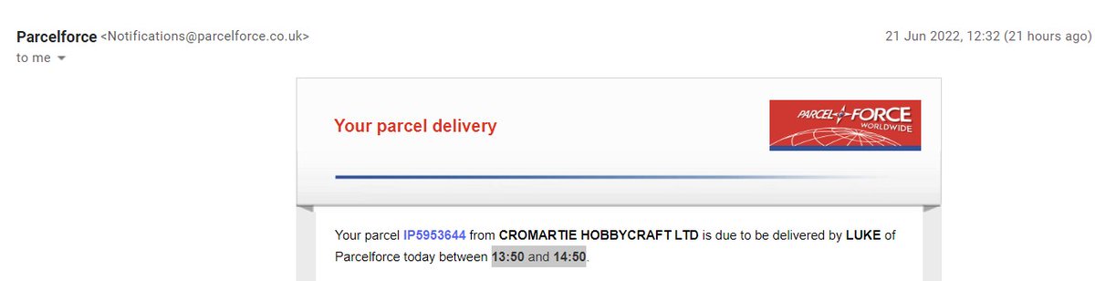 nw_sand's tweet photo. @parcelforce took the day off yesterday to receive  IP5953644 between 13:50 &amp; 14:50 but Luke was a no show - tracking not been updated. Is it on todays schedule for delivery please? https://t.co/vZLoPUcHiA