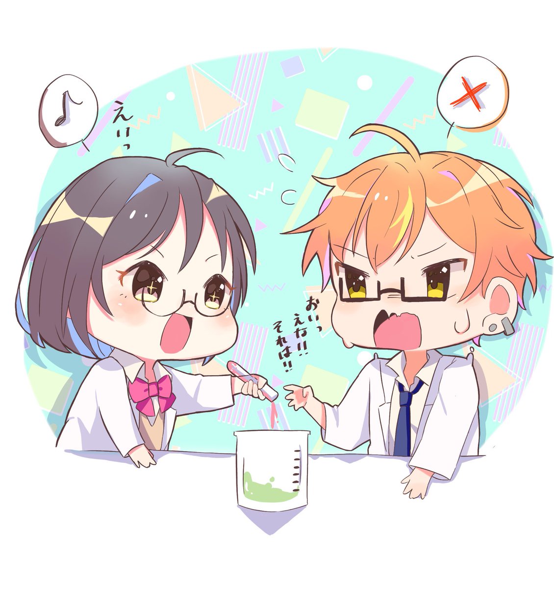 1girl 1boy glasses orange hair necktie short hair fang  illustration images