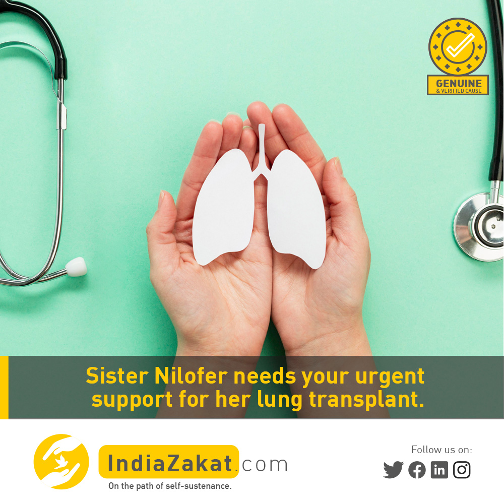 Sister Niofar aged 35 from #Lucknow is admitted to Noida for her Lungs Transplant. The cost involved is too high for her family and she doesn't have any financial support to undergo the life-saving transplant. 

Donate today at indiazakat.com/campaign/9220