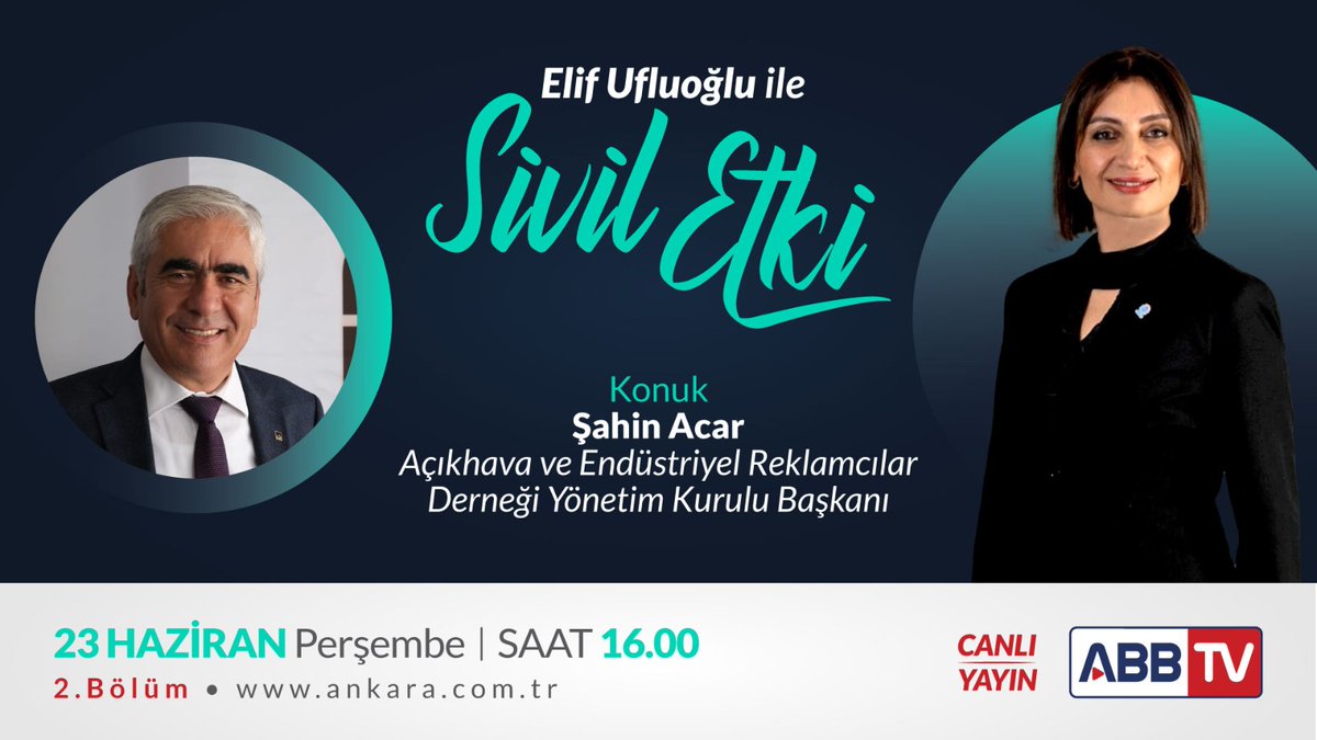 ARED_TR's tweet photo. Ankara Büyükşehir Belediyesi ABB TV’deki Elif Ufluoğlu ile Sivil Etki programının 23 Haziran Perşembe 16:00’da canlı yayın konuğu; ARED Başkanı Şahin Acar.
#elifufluoğluilesiviletki #ankarabüyükşehirbelediyesi #abbtv #ared #açıkhavaveendüstriyelreklamcılarderneği #şahinacar https://t.co/E4QgjlvhCL