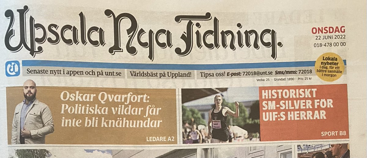 CarlborgOrjan's tweet photo. Historic medal for Upsala IF friidrott in the national track &amp; field club championships yesterday! Great that our contributions made a difference &amp; nice to see them on the front page when picking up todays paper :) https://t.co/WIrpncTuW3
