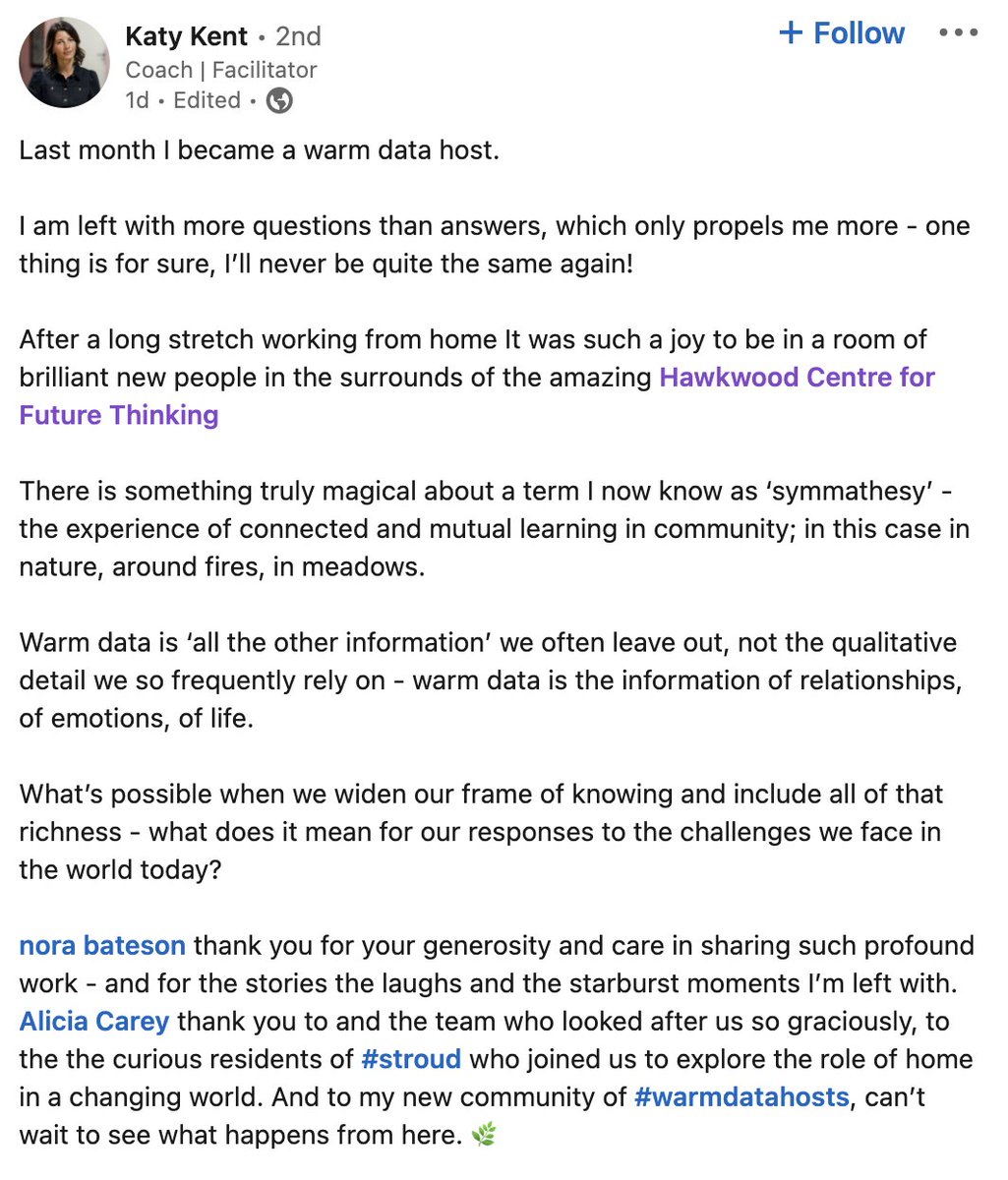 HawkwoodCFT's tweet photo. Heartwarming feedback from a new #warmdatahost, certified by @NoraBateson's #WarmDataLab at @HawkwoodCFT last month.
The magic of coming together in person to do this profound work... https://t.co/ChrO3AW711