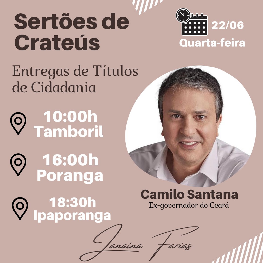 Nesta quarta/22, iremos receber o nosso eterno governador <a href="/CamiloSantanaCE/">Camilo Santana</a> em Tamboril, Poranga e Ipaporanga, para entrega dos Títulos de Cidadania, concedidos pelas Câmaras Municipais em reconhecimento ao seu trabalho pelas cidades mencionadas acima.