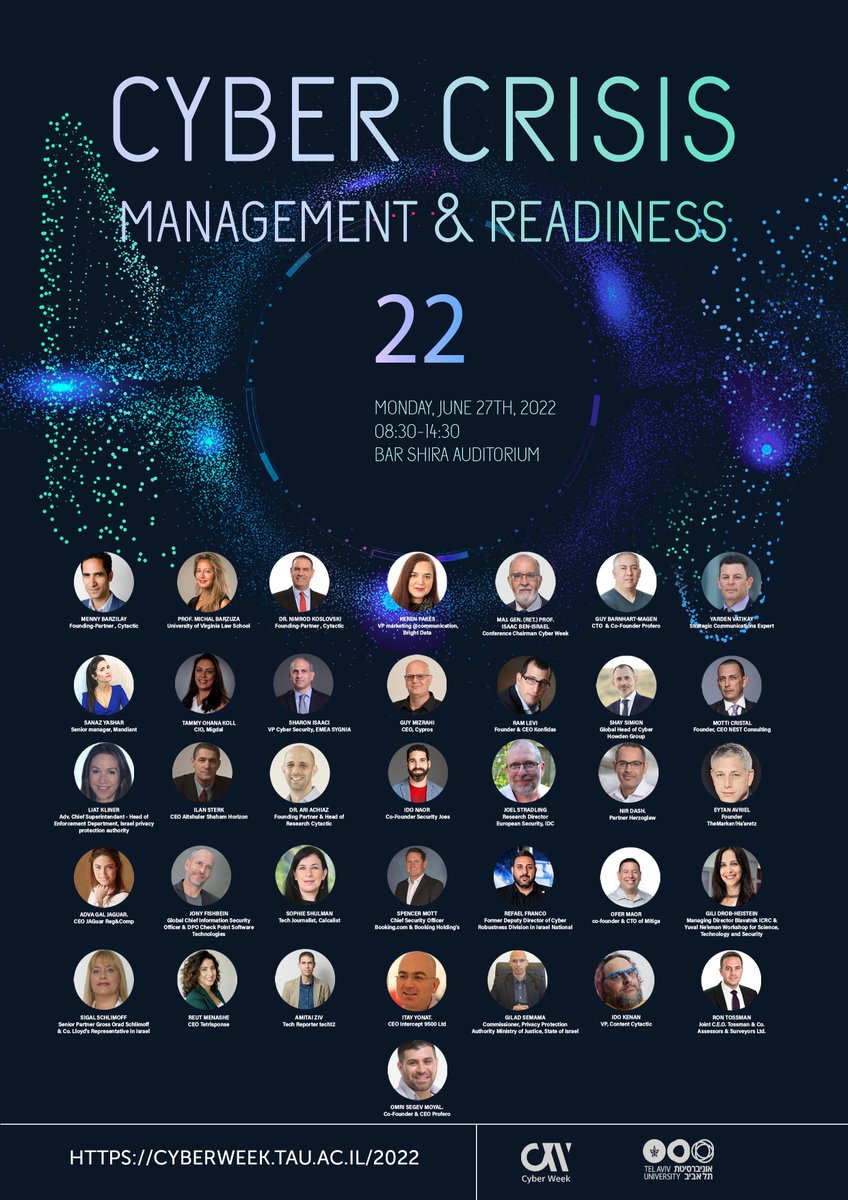 האירוע המרכזי בנושא ניהול משברי סייבר באונ' תל אביב. הכניסה חינם אבל נדרש רישום מראש.

אני מנחה את הכנס ואעביר הרצאה. 

תראו איזה רשימה מרשימה של מרצים....