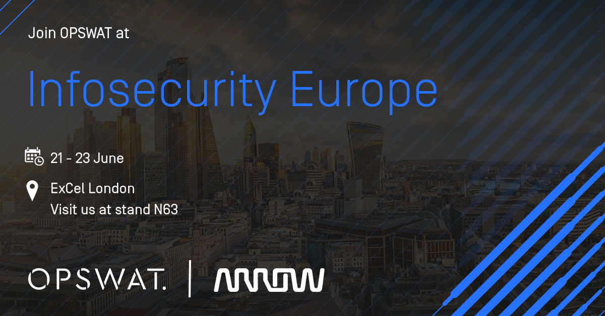 ArrowSecurity's tweet photo. It's Day 2 of @Infosecurity!
Visit the Arrow & @OPSWAT teams today and learn how its cybersecurity solutions can protect your organisation against cyber attacks.
#InfosecurityEurope2022 #cybersecurity #FiveYearsOut https://t.co/fmB5ciYHoT