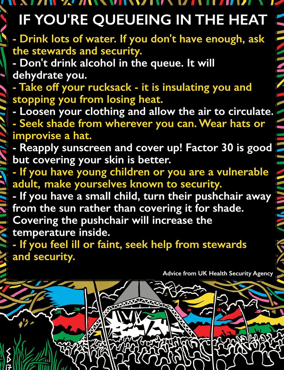 glastonbury's tweet photo. If you're queuing in the heat, here are some helpful tips. https://t.co/qRQyWmwiB7